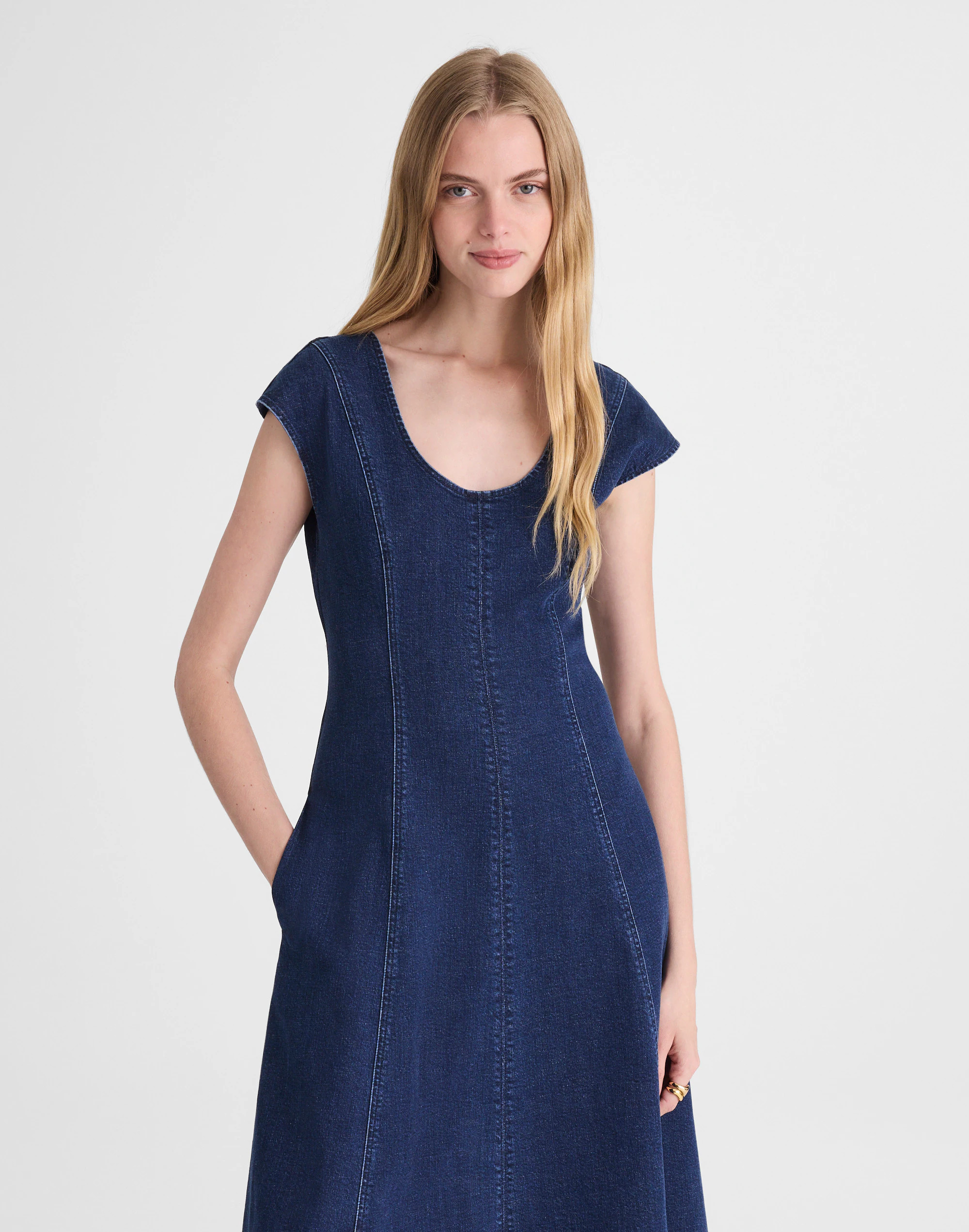 Denim Seamed Scoopneck Midi Dress | Madewell