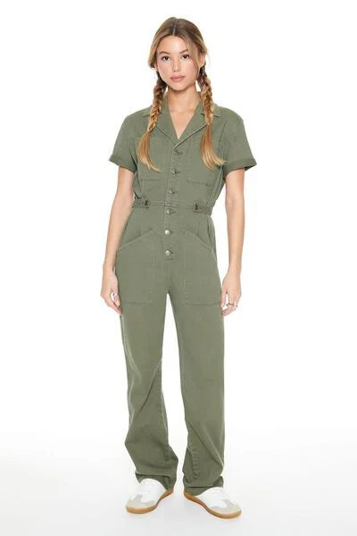 Twill Short-Sleeve Straight Jumpsuit | Forever 21