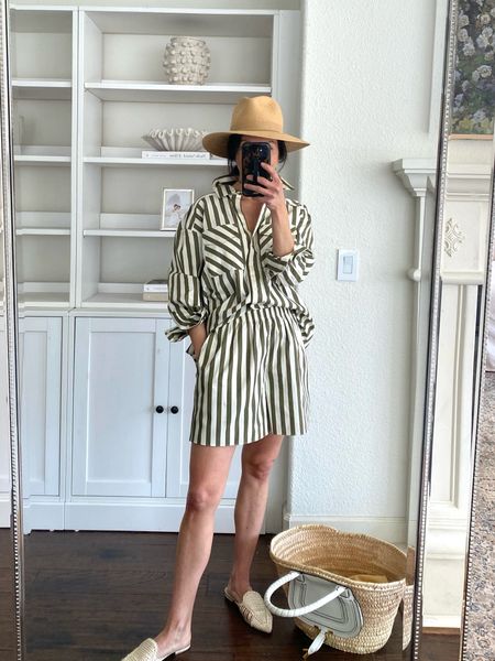 Olive striped matching set. I love the crisp poplin. The shorts run big. I’m wearing an XS. I have a small on in the button down shirt. Both have rave reviews! 

Packable sun hat in a medium by Janessa Leone.

Spring outfit 
Summer travel outfit 
Travel hat
Matching set

#LTKtravel #LTKstyletip #LTKover40