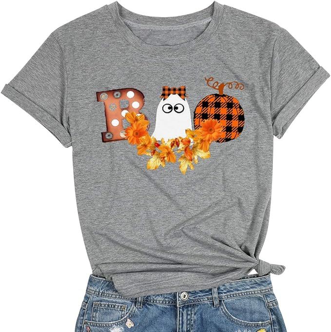 Plaid Pumpkin T Shirt Women Halloween Boos Graphic Tee Funny Flower Tops Holiday Casual Blouse | Amazon (US)