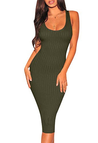 Women's Sexy Bodycon Tank Dresses Sleeveless Ribbed Knit Midi Club Dresses A-Army Green | Amazon (US)
