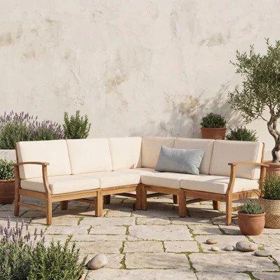 Modular Outdoor Sectional Sofa Set with Acacia Wood Frame, Water-Resistant Cushions and Built-In Latches | Wayfair North America