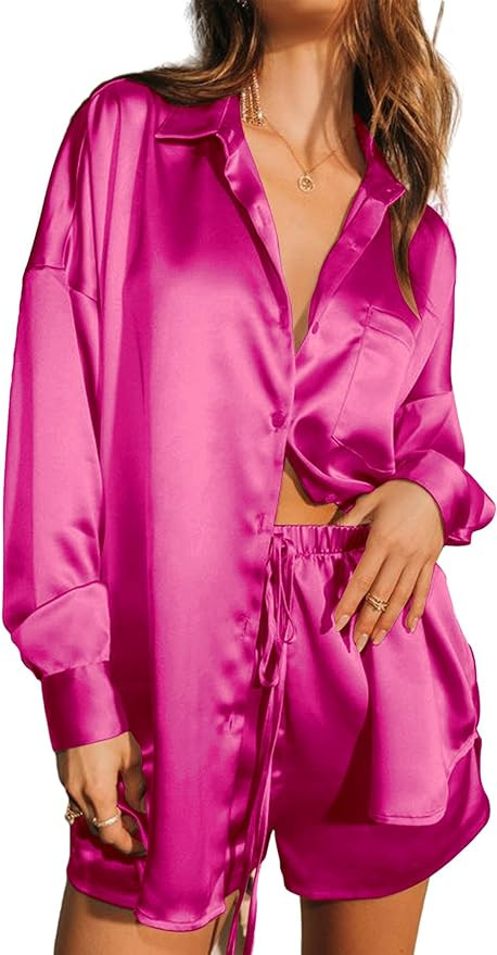 Ekouaer Womens Two Piece Satin Pajama Set Long Sleeve Lounge Sets Button Down Shirts and Shorts P... | Amazon (US)