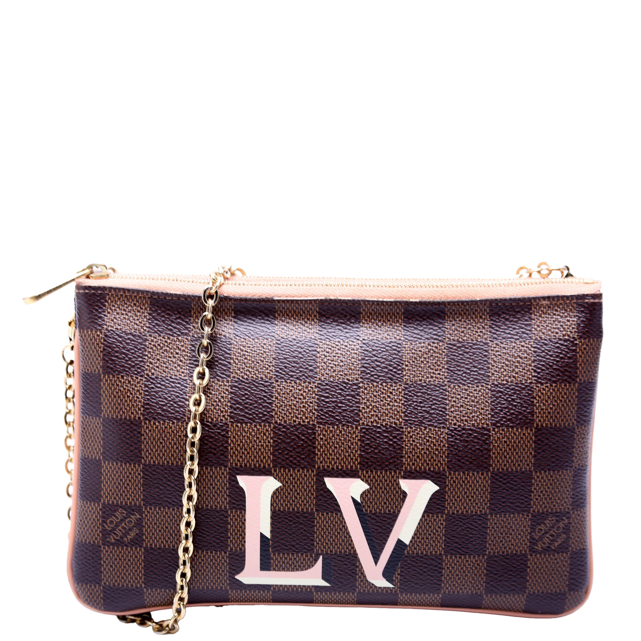 Pochette Double Zip Damier Ebene Peach | Keeks Designer Handbags