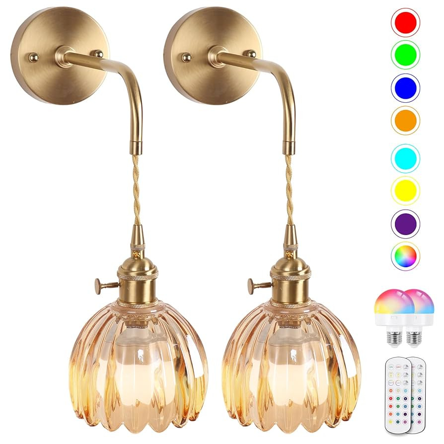 Vintage Battery Operated Wall Sconces Sets Of Two,Indoor not Hardwired Amber Tulip Glass Lampshad... | Amazon (US)