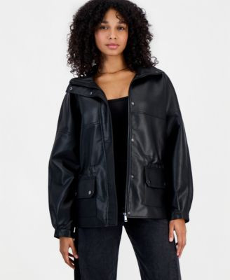 Bar Iii Women's Peplum Oversized Funnel-Neck Faux Leather Jacket, Macy's Exclusive - Black | Macy's