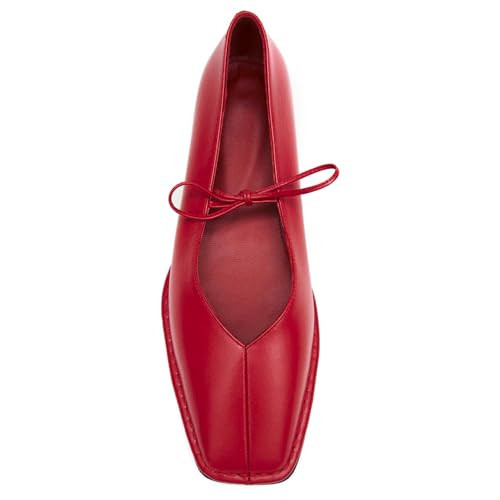 SUIARA Lace up Red Ballet Flats Women Square Toe Mary Janes Low Heel Slip On Leather Comfortable Ballerina Flat Shoes | Amazon (US)