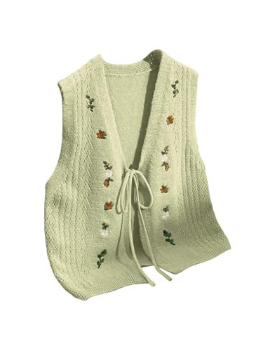 OYOANGLE Women's Floral Embroidered Tie Front Sweater Vest V Neck Sleeveless Knitted Tank Tops Mint Green Small | Amazon (US)