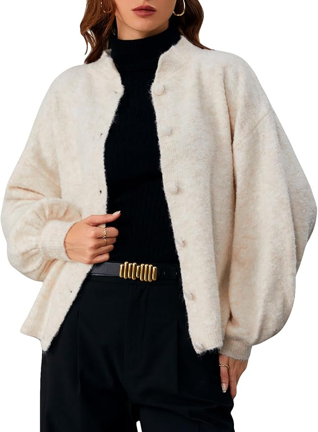 SHENHE Women's Button Front Oversized Cardigan Lantern Sleeve Drop Shoulder Plain Baggy Cardigan ... | Amazon (US)