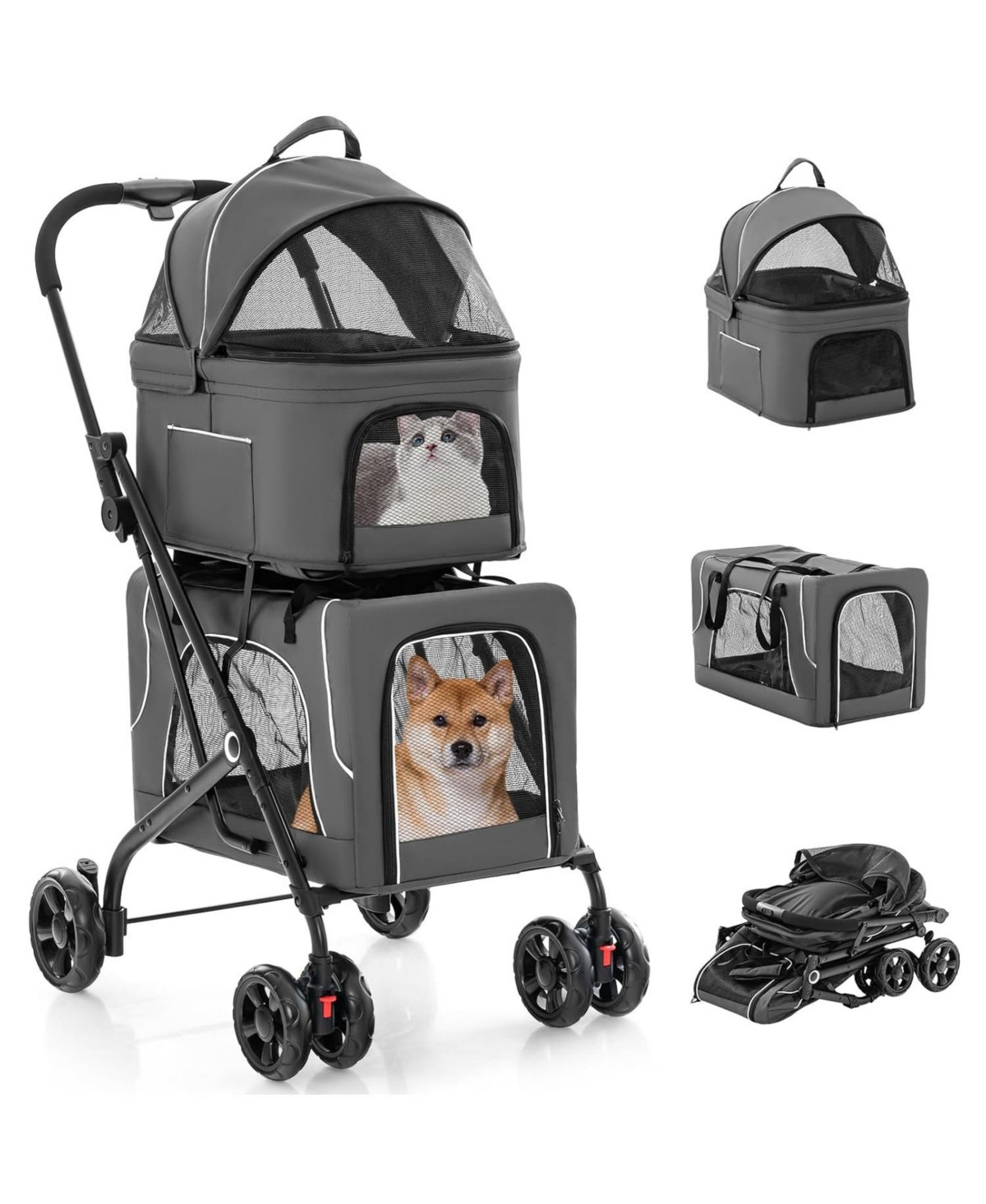 Double Pet Stroller Foldable 3-in-1 Dog Stroller with 2 Detachable Carriers - Grey | Macy's