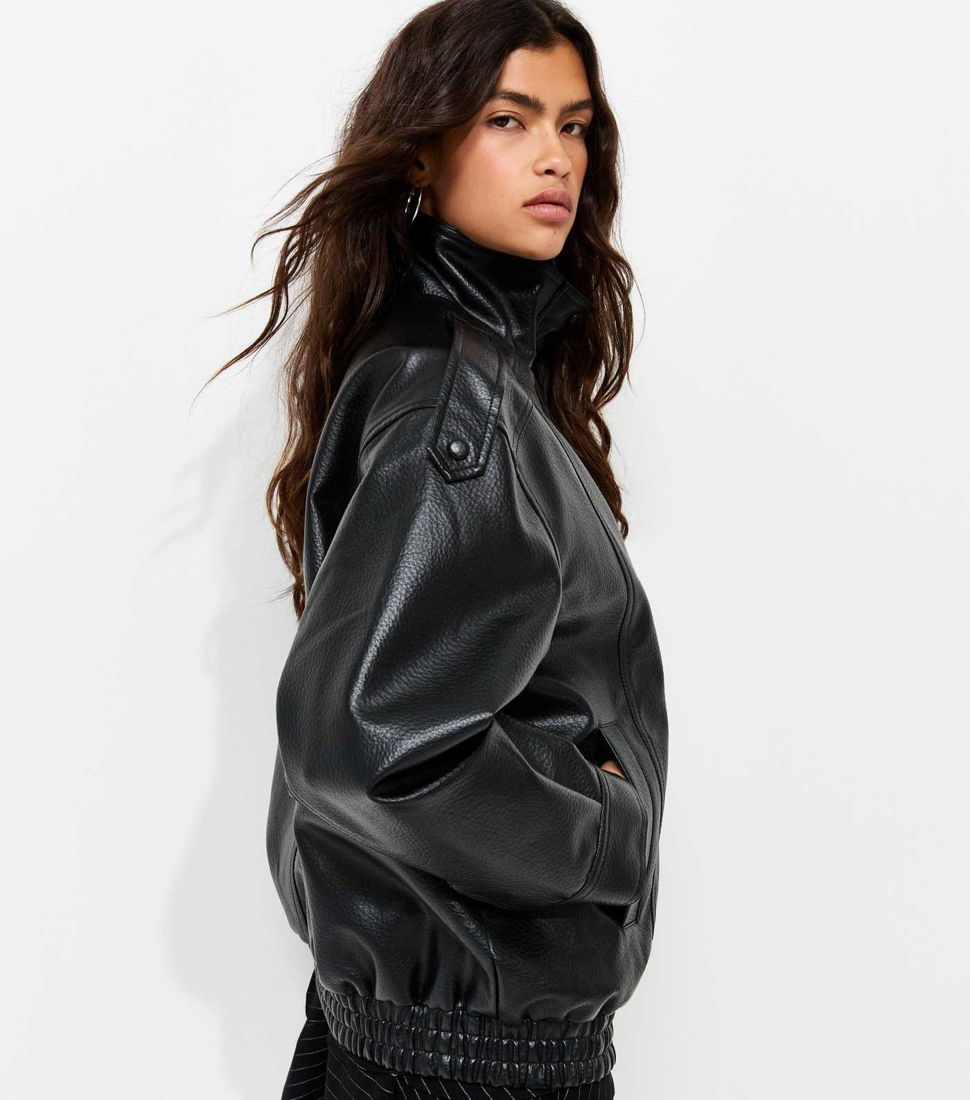 Black Faux Leather Funnel Neck Oversized Jacket | New Look | New Look (UK)