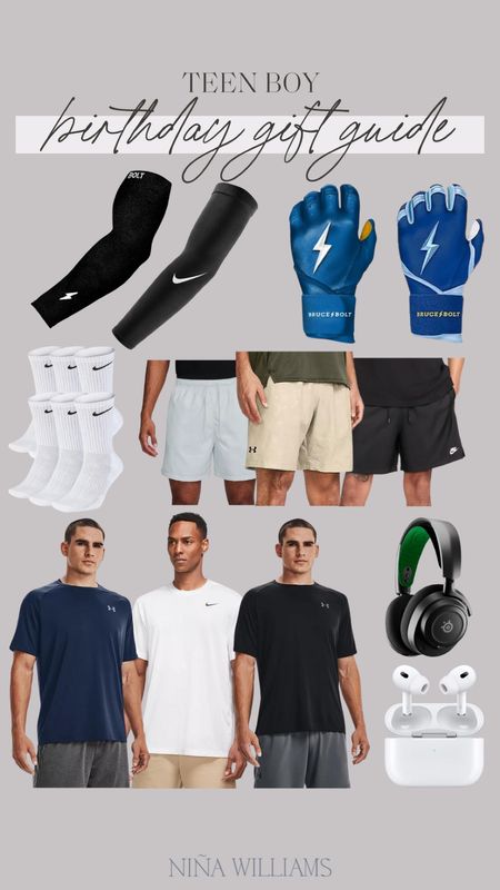 Teen boy birthday gift guide - Bruce bolt baseball gloves and arm sleeve - Nike arm sleeve, socks, shorts, and shirt - under armour shirts - men’s shorts and shirts - Xbox headset - Apple AirPod pros 

#LTKGiftGuide #LTKSaleAlert #LTKKids
