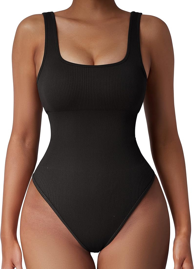 SUUKSESS Women Ribbed Sexy Bodysuit Sleeveless Square Neck Padded Tank Top | Amazon (US)