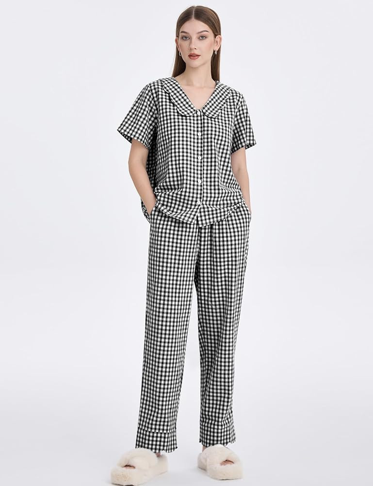 Kissonic Womens Gingham Pajama Set Cute Cotton Ruffle Pajamas Cozy Plaid Y2K Pjs Babydoll Sleepwe... | Amazon (US)