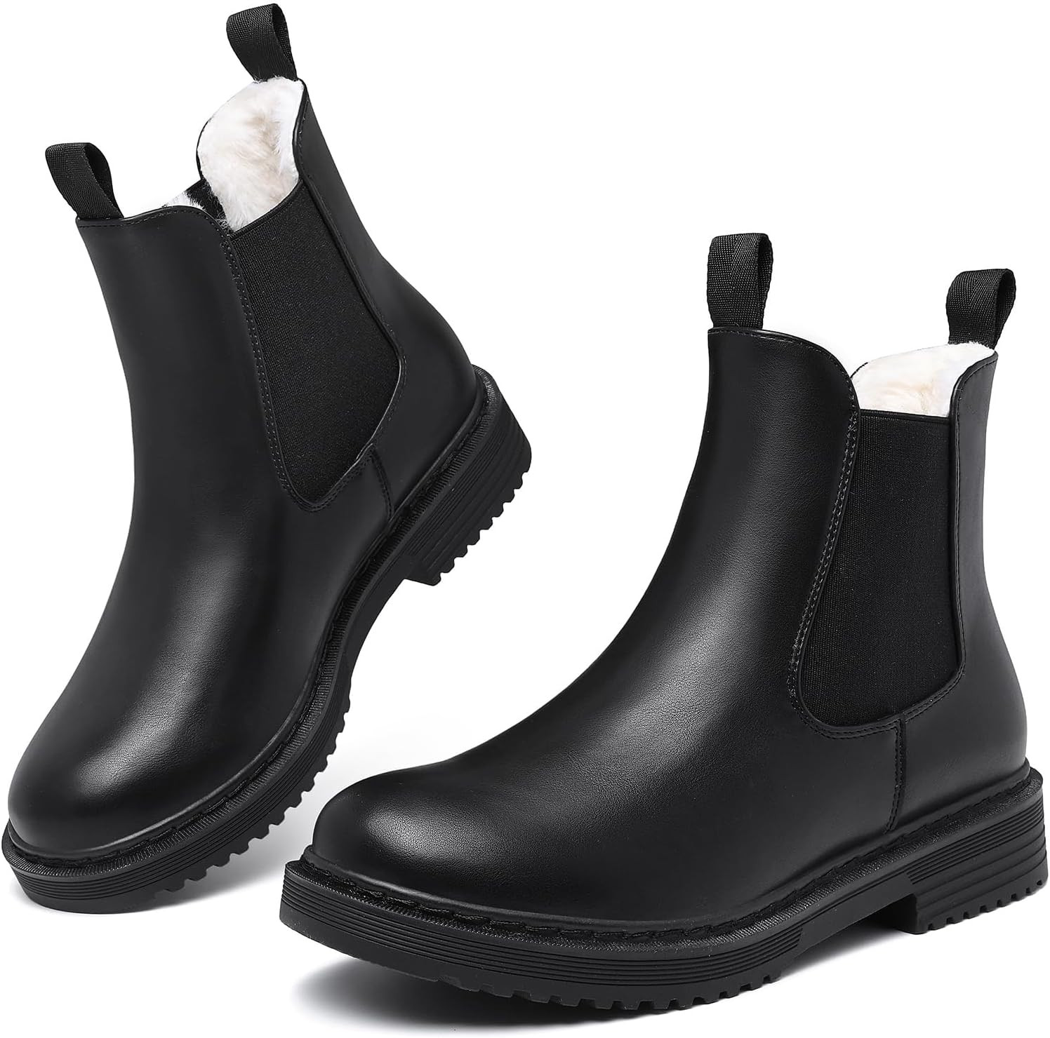 Womens Winter Chelsea Boots Warm Faux Fur Lined Chunky Lug Ankle Booties | Amazon (US)