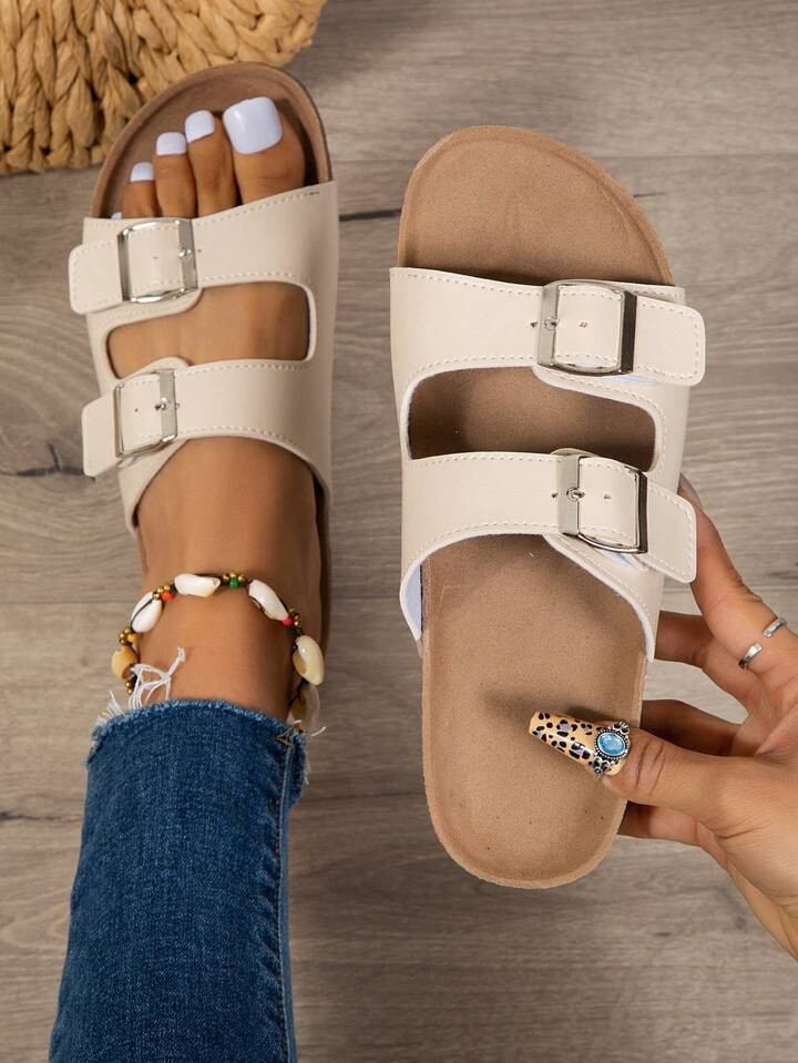 Women Buckle Decor Flat Sandals, Cool Beige Footbed Sandals | SHEIN