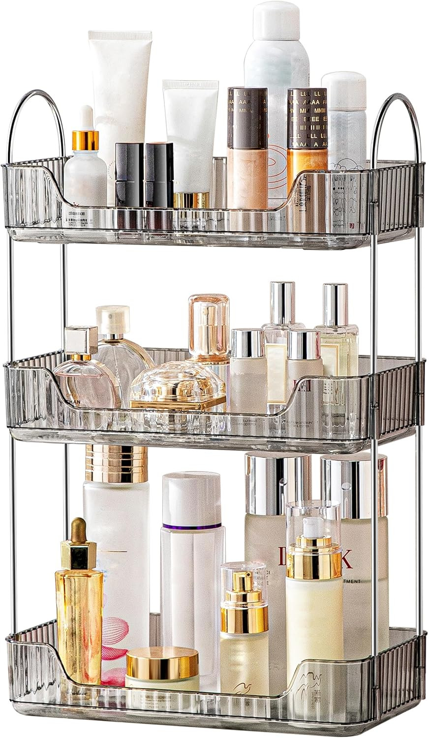 Akinbas 3 Tier Bathroom Organizer Countertop Makeup Perfume Tray Skincare Organizer for Bathroom Dresser Vanity (Grey) | Amazon (US)