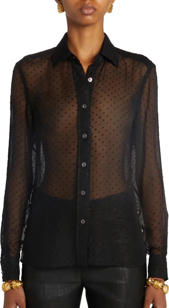 TOM FORD Flocked Polka Dot Sheer Silk Chiffon Button-Up Shirt | Nordstrom | Nordstrom