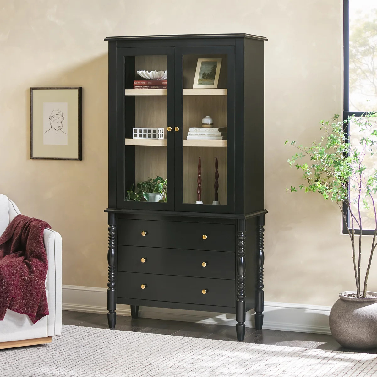 Turned Wood Spindle Glass Cabinet Bookcase With Drawer Storage | Wayfair North America