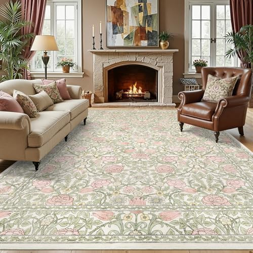 GarveeHome Pink and Green Vintage Floral Washable Rugs 8x10 for Living Room Boho Retro Botanical ... | Amazon (US)