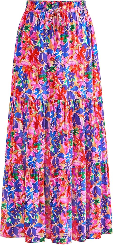 KIRUNDO Womens Boho Floral Maxi Midi Skirt 2025 Summer Trendy Elastic Waist Pleated Aline Flowy L... | Amazon (US)