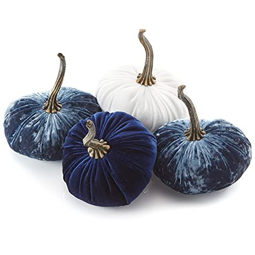Small Velvet Pumpkins Set of 4, Includes 2 Luxe Indigo, Navy and Ivory, Modern Rustic Wedding Dec... | Amazon (US)