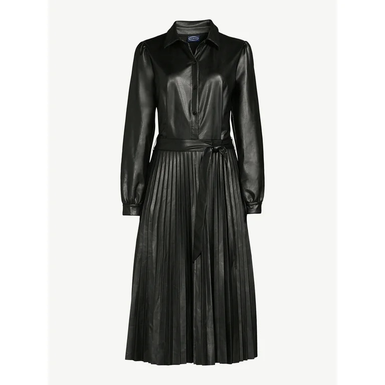Scoop Women's Faux Leather Pleated Shirtdress - Walmart.com | Walmart (US)