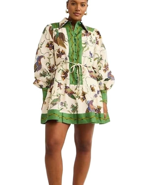 Single Breasted Long Lantern Sleeve Graffiti Print lace up Waist Cinching Dress Printed Short Ski... | Amazon (US)