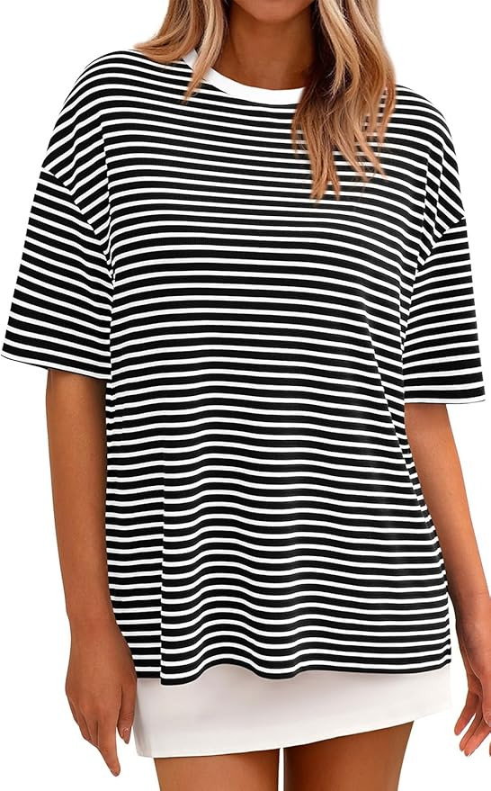 PRETTYGARDEN Womens Oversized Cute Tops Casual Striped Short Sleeve Shirt Women Trendy 2026 Sprin... | Amazon (US)