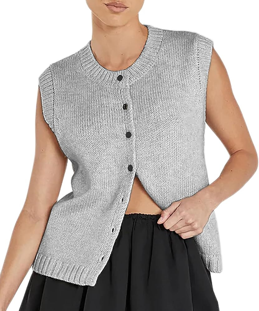 Lunoakvo Women Sleeveless Knit Button Down Sweater Vests Basic Casual Knitwear Solid Loose Tank T... | Amazon (US)