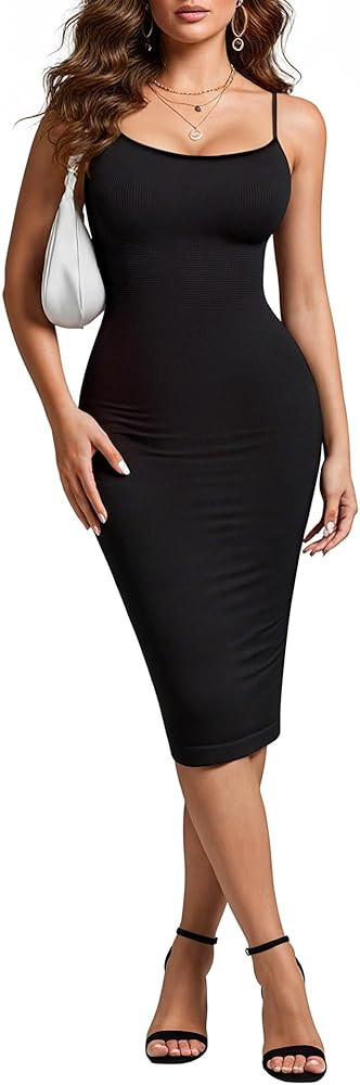 Tummy Control Dress for Women - Bodycon Slip Midi Dress with Built in Bra Date Night Spaghetti St... | Amazon (US)