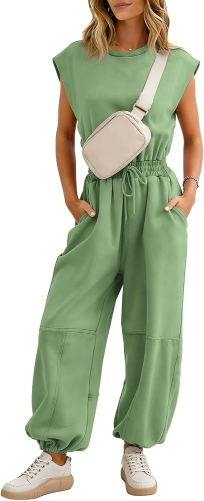 Flygo Womens Casual Jumpsuit Crewneck Cap Sleeve Long Wide Leg Pants One Piece Outfits Drawstring... | Amazon (US)
