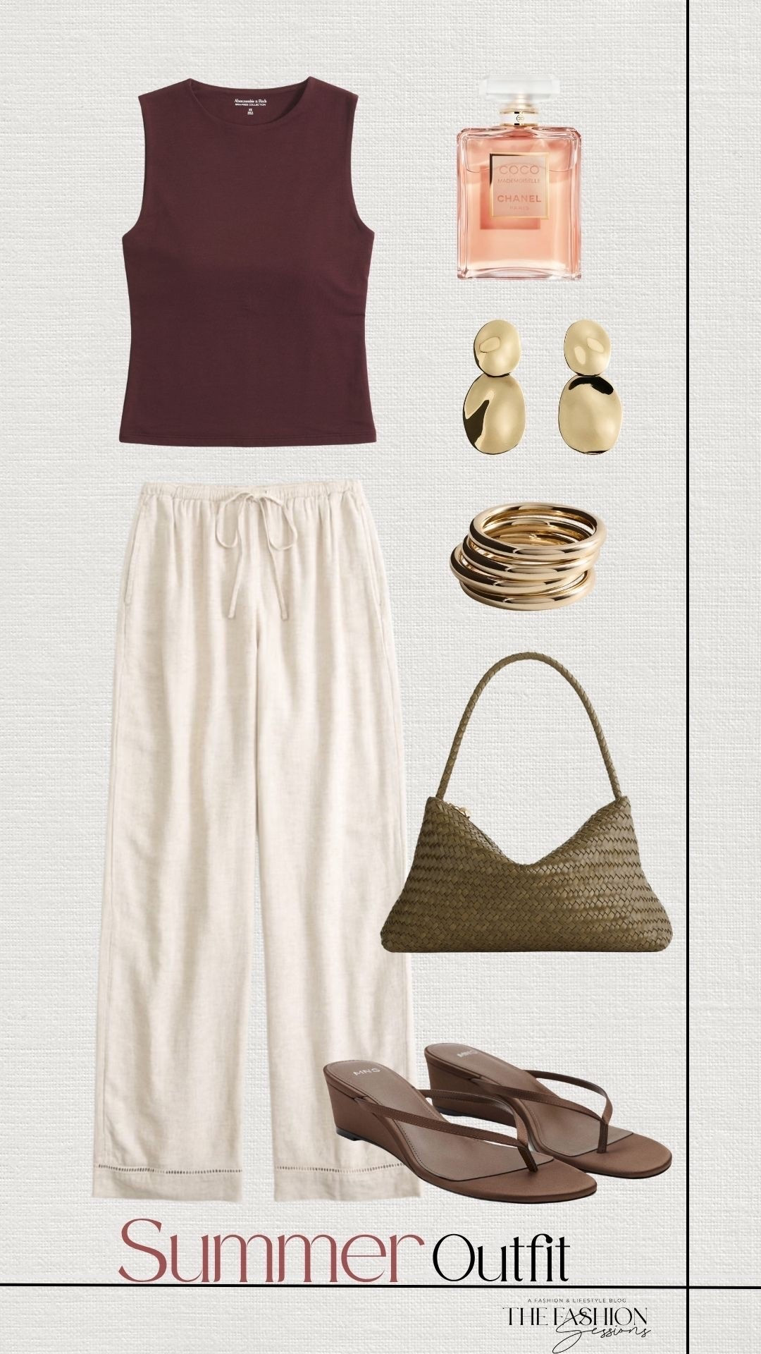 Summer Outfit | Rust Top | Linen Pant | Woven Bag | Brown Wedge Sandals | Chanel | Gold Jewelry

#LTKootd