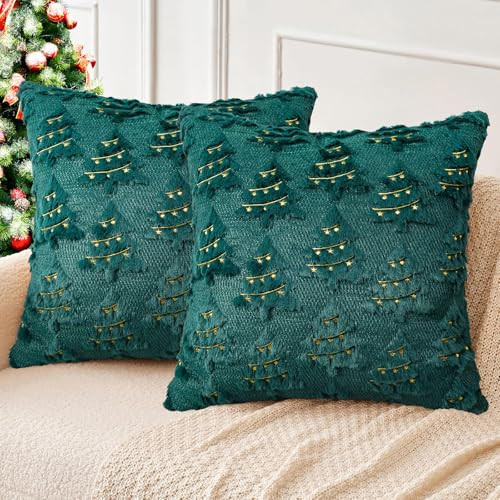 Merrycolor Christmas Tree Pillow Covers20x20 inches 2-Piece Set Gold Star Embroidery Decoration Soft Plush Faux Fur Christmas Tree Throw Pillow Covers Winter Holiday Home Decor Green | Amazon (US)