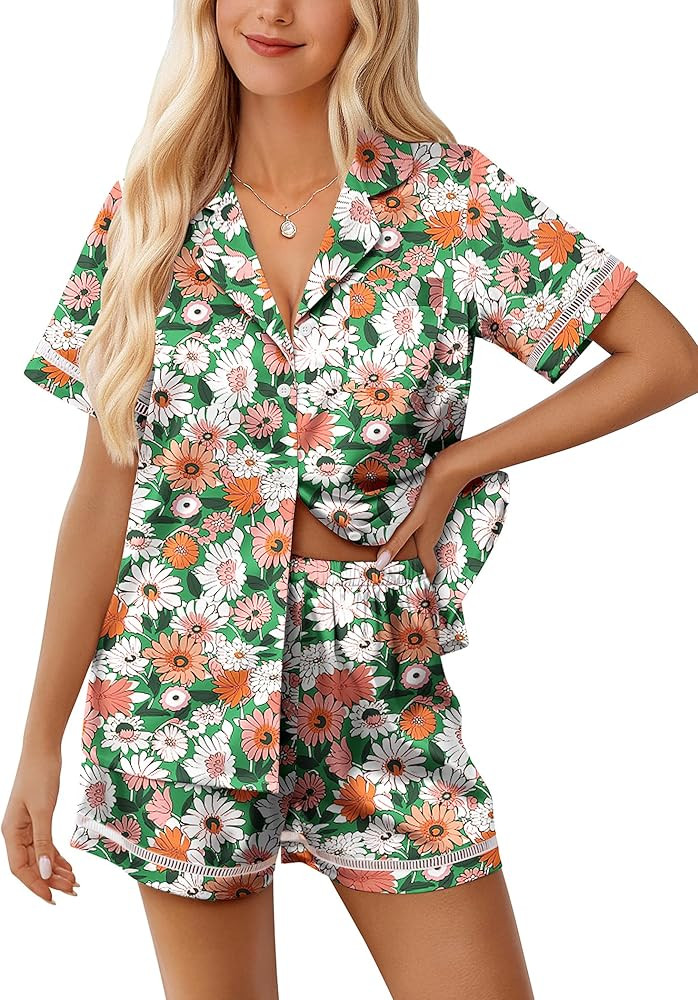 Ekouaer Womens Silk Pajama Sets Button Up Satin Pjs Short Sleeve 2 Piece Cute Loungewear Notch Co... | Amazon (US)