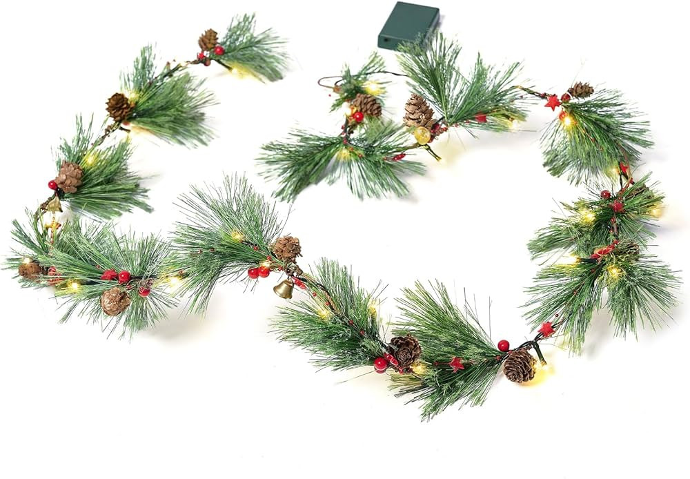Christmas Pine Needle Garland with Lights - 6FT Battery Pre-Lit Rustic Smokey Christmas Cedar Gar... | Amazon (US)
