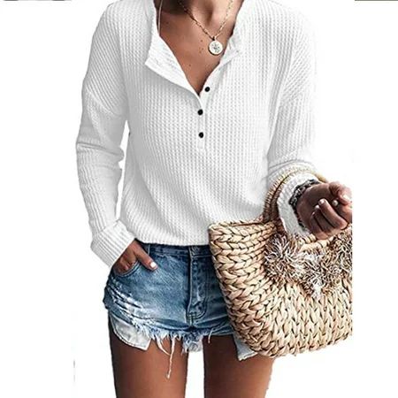 Women's Waffle Knit Tunic Tops Loose Long Sleeve Button Up V Neck Henley Shirts | Walmart (US)