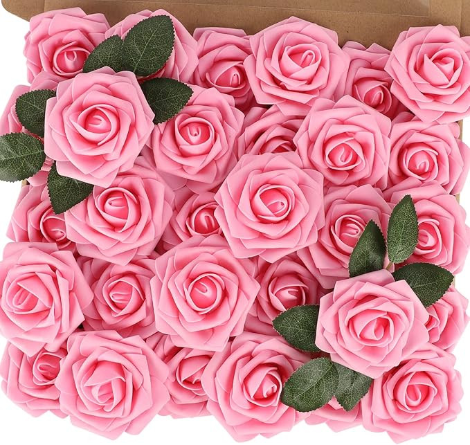MACTING Artificial Flowers 30PCS Pink Fake Flowers with Stem Real Touch Soft Foam Roses for Valen... | Amazon (US)