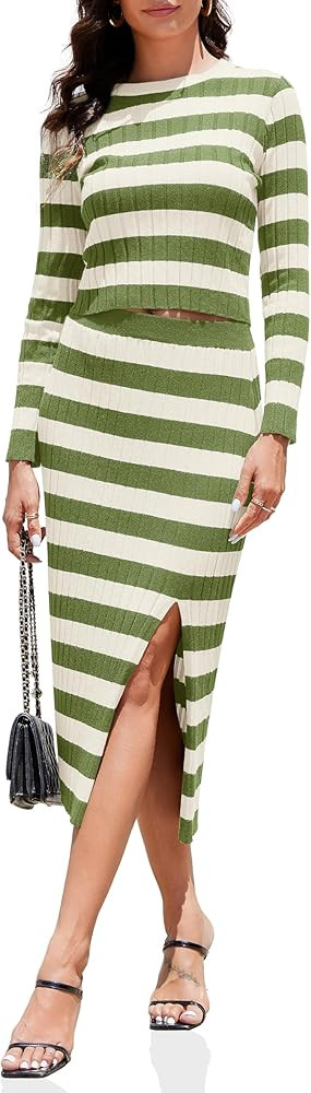 Wenrine Women's 2 Piece Maxi Skirt Sets Striped Long Sleeve Sweater Top and High Waisted Long Ski... | Amazon (US)