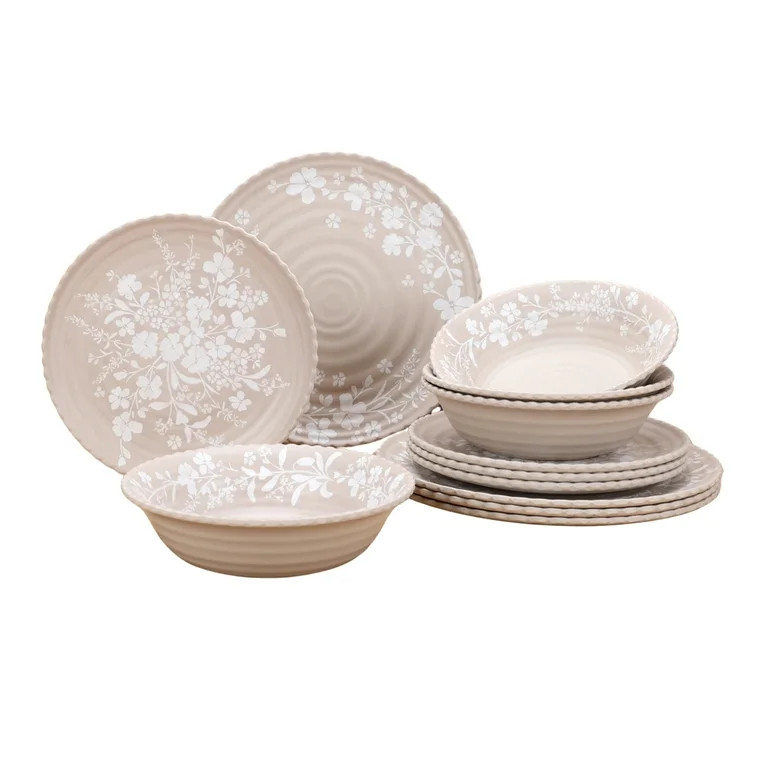 The Pioneer Woman Daisy 12-Piece Bamboo Melamine Dinnerware Set, Beige | Walmart (US)