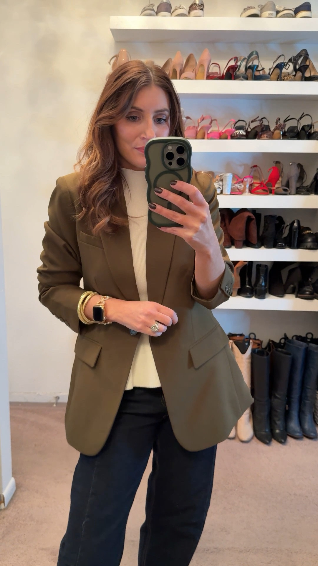 What I wore to work today, workwear outfit, casual outfit, army green blazer, sleeveless peplum sweater on sale, dark wash barrel leg jeans under $30, brown mesh ballet flats, gold chunky earrings, easy outfit  

Spring outfits 2026
Work outfits
Business casual workwear 

#LTKSaleAlert #LTKWorkwear #LTKootd
