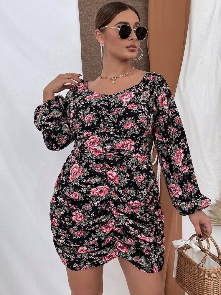 Plus Floral Print Lantern Sleeve Ruched Sweetheart Neck Dress | SHEIN