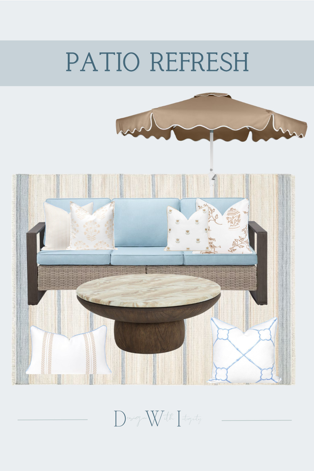 A patio refresh that feels soft, layered, and ready for slow summer days. This outdoor pairing brings together powder blue, warm ivory, soft taupe, and natural wood tones for a look that feels polished without losing that relaxed outdoor feel.

I love how the mix of striped, botanical, and tailored patterned pillows adds personality while still keeping the palette cohesive. Paired with the blue outdoor seating, textural striped rug, sculptural wood coffee table, and scalloped taupe umbrella, the entire space feels collected and inviting.

Tap through to shop the outdoor pillows, furniture, rug, umbrella, and decor selections and recreate the look for your own patio.

#OutdoorLiving #PatioDecor #OutdoorDecor


#OutdoorPillows #PatioRefresh #OutdoorFurniture #PatioFurniture #OutdoorDecor #OutdoorLiving #PatioDecor #PatioInspiration #OutdoorRug #PatioUmbrella #BlueAndWhiteDecor #NeutralDecor #SummerDecor #BackyardDecor #OutdoorStyle 

 #LTKSeasonal #LTKHome