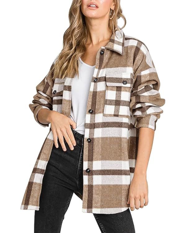 Beaully Women's Flannel Plaid Shacket Long Sleeve Button Down Shirts Jacket Coats with Side Pocke... | Amazon (US)