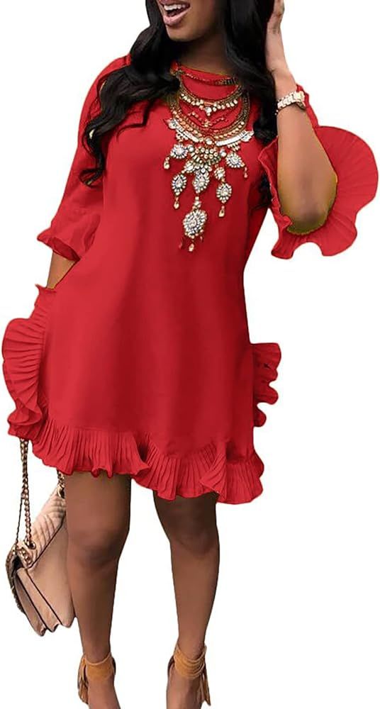 Women Short Sleeve Round Neck Ruffles Hem Loose Midi Dresses Casual Short Dress | Amazon (US)