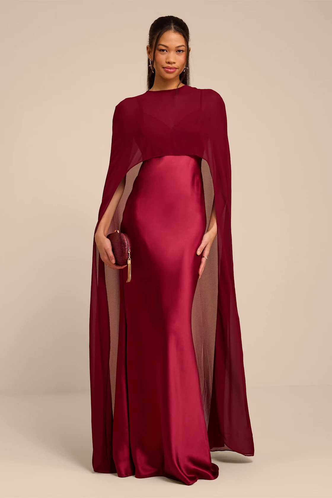 Cavana Burgundy Satin Cape Maxi Dress | Lulus