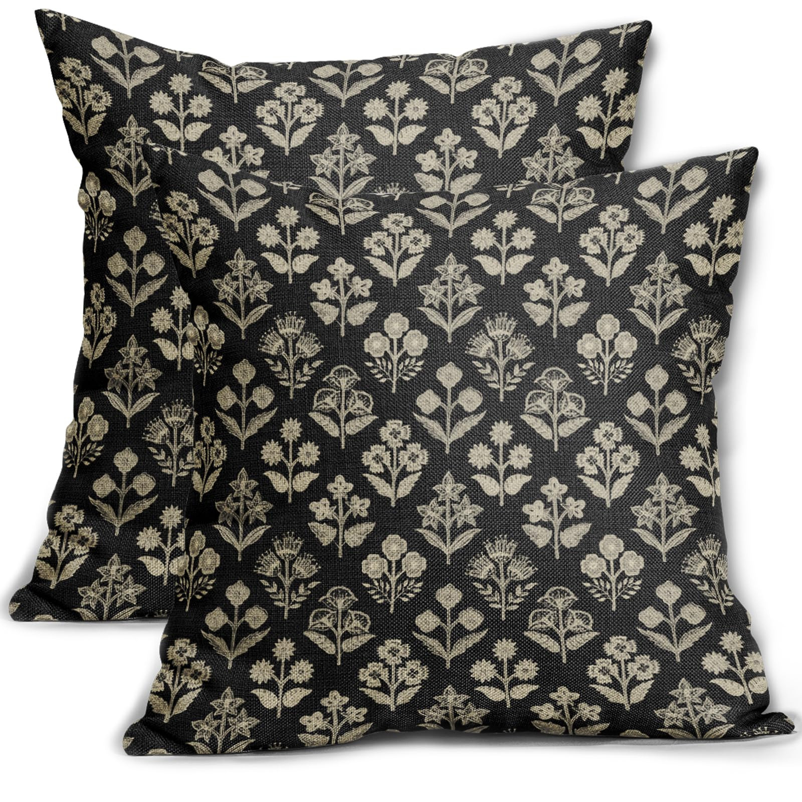 Sivirary Black Floral Block Print Pillow Covers 18x18 Inch Set of 2, Vintage Flower Pattern Decor... | Amazon (US)