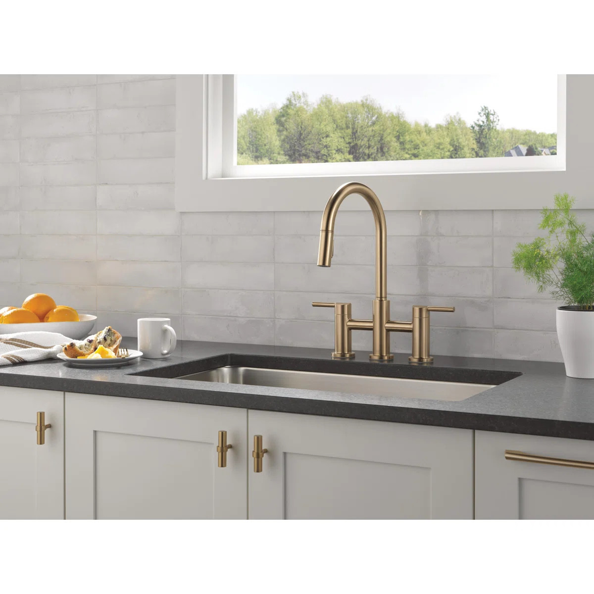 Nicoli Pull-Down Bridge Kitchen Sink Faucet, Two Handle Kitchen Faucet 39876LF-CZ | Wayfair North America
