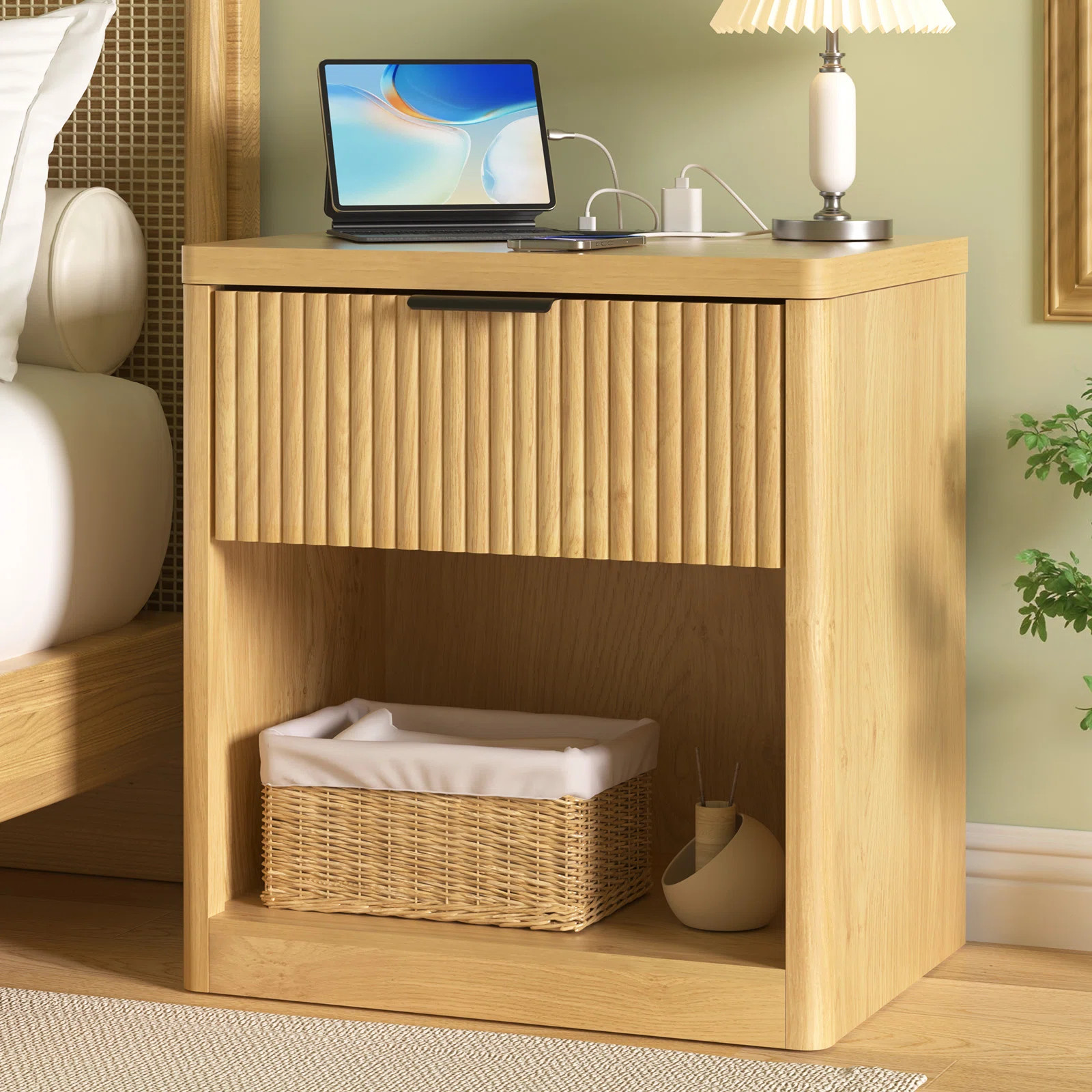 21.7'' W Drawer Nightstand With Open Cubby, Fluted Nightstand With Built-In Outlets | Wayfair North America