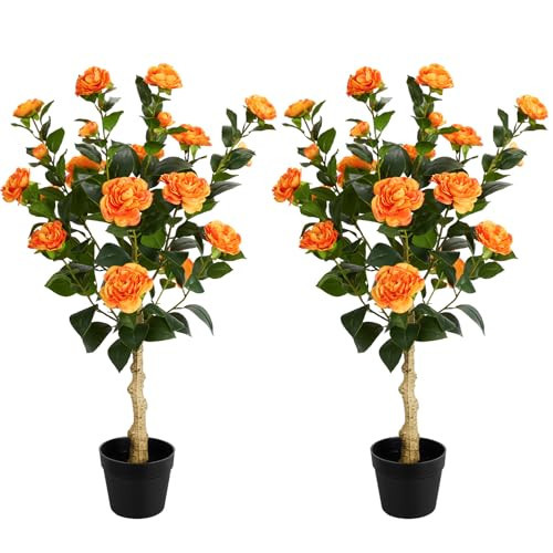 3FT Artificial Camellia Tree, 2 Pack Fake Camellia Tree Artificial Tree, Faux Floral Plants in Cement Pot, Greenery Potted Plant for Indoor Outdoor Home Office Porch Decor (Orange) | Amazon (US)